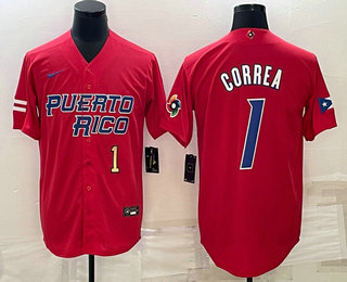 Men%27s Puerto Rico Baseball #1 Carlos Correa Number 2023 Red World Baseball Classic Stitched Jerseys